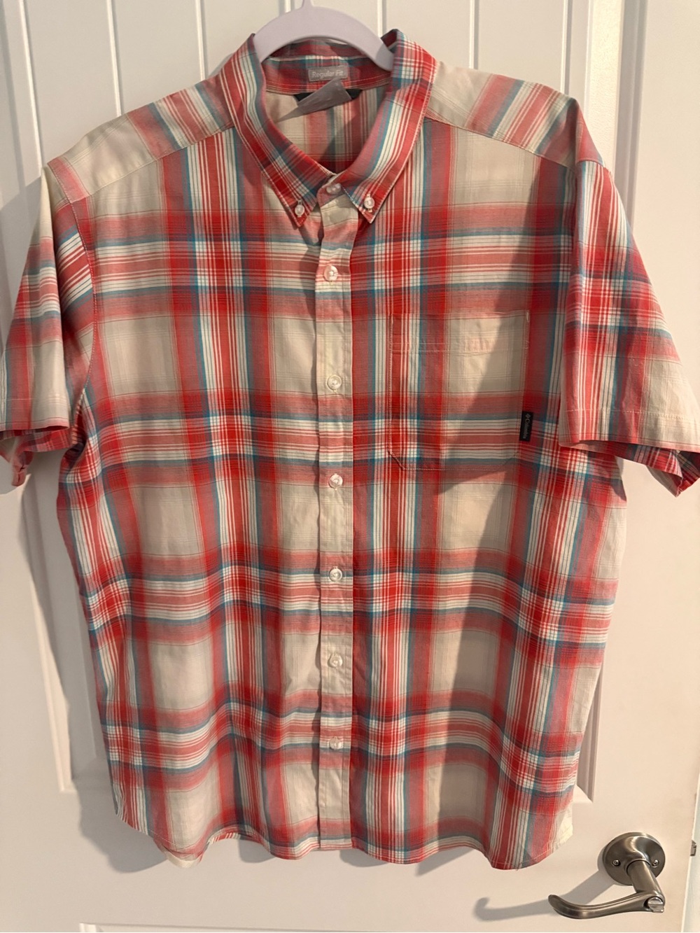 Columbia Mens Large Plaid button down Shirt Sleeve Shirt Red White and Blue